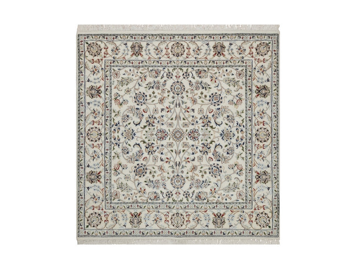 5'1" x 5'2" New Hand Knotted Ivory Wool & Silk Square Oriental Rug - MOA10292098