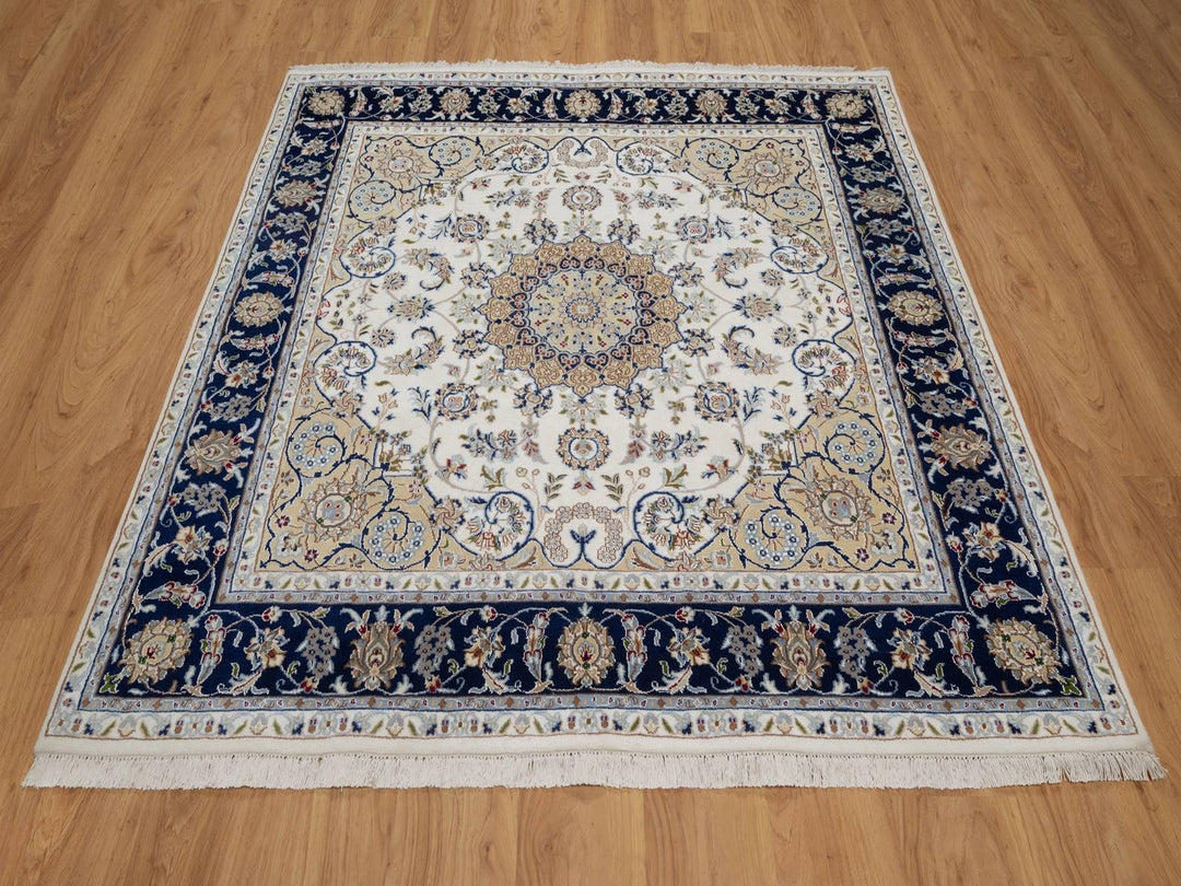 6'0" x 6'2" New Hand Knotted Ivory Wool & Silk Square Oriental Rug - MOA10292099