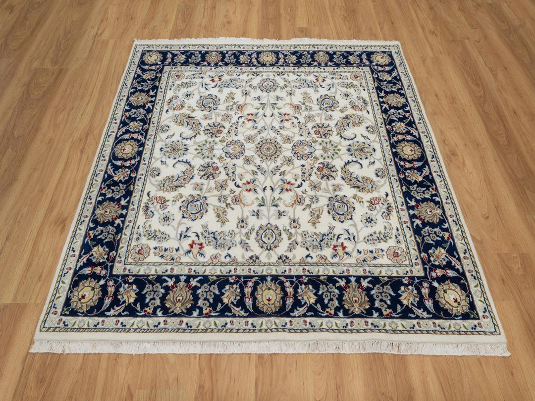 5'7" x 5'8" New Hand Knotted Ivory Wool & Silk Square Oriental Rug - MOA10292100