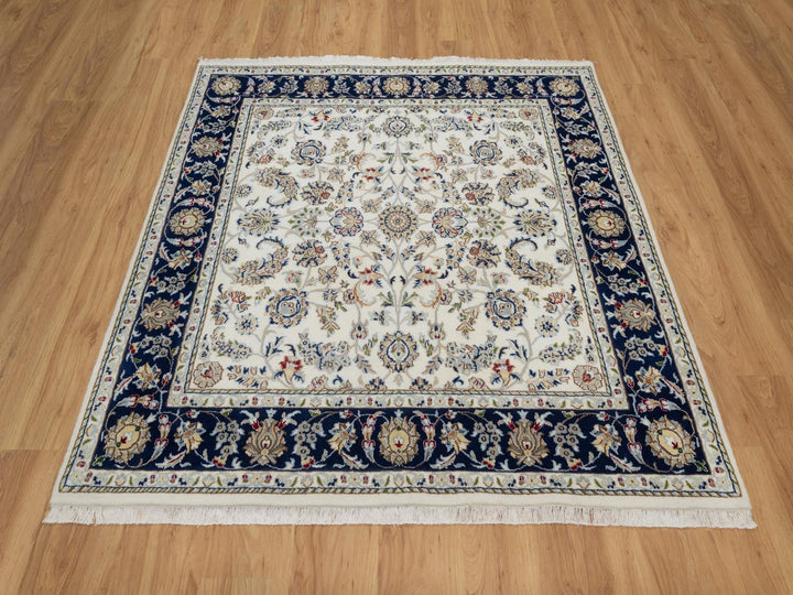 5'7" x 5'8" New Hand Knotted Ivory Wool & Silk Square Oriental Rug - MOA10292100