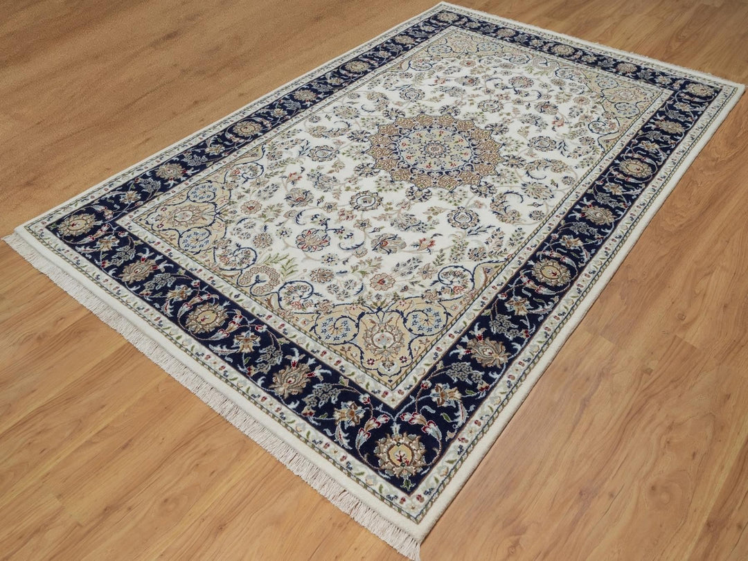 5'11" x 9'2" New Hand Knotted Ivory Wool & Silk Rectangle Oriental Rug - MOA10292103