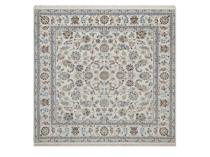 6'7" x 6'10" New Hand Knotted Ivory Wool & Silk Square Oriental Rug - MOA10292105