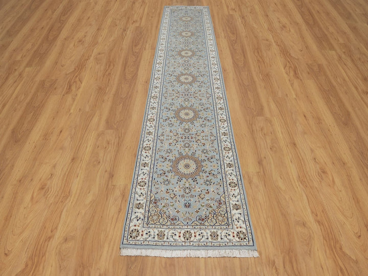 2'9" x 14'1" New Hand Knotted Blue Wool & Silk Runner Oriental Rug - MOA10292115