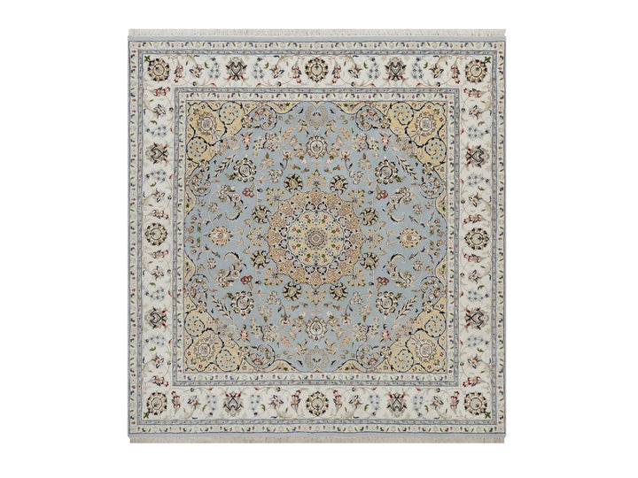 6'4" x 6'9" New Hand Knotted Blue Wool & Silk Square Oriental Rug - MOA10292117