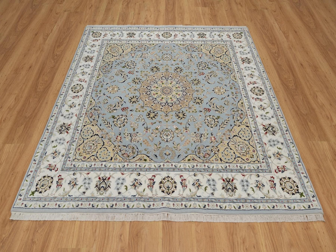 6'4" x 6'9" New Hand Knotted Blue Wool & Silk Square Oriental Rug - MOA10292117