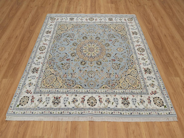 6'4" x 6'9" New Hand Knotted Blue Wool & Silk Square Oriental Rug - MOA10292117