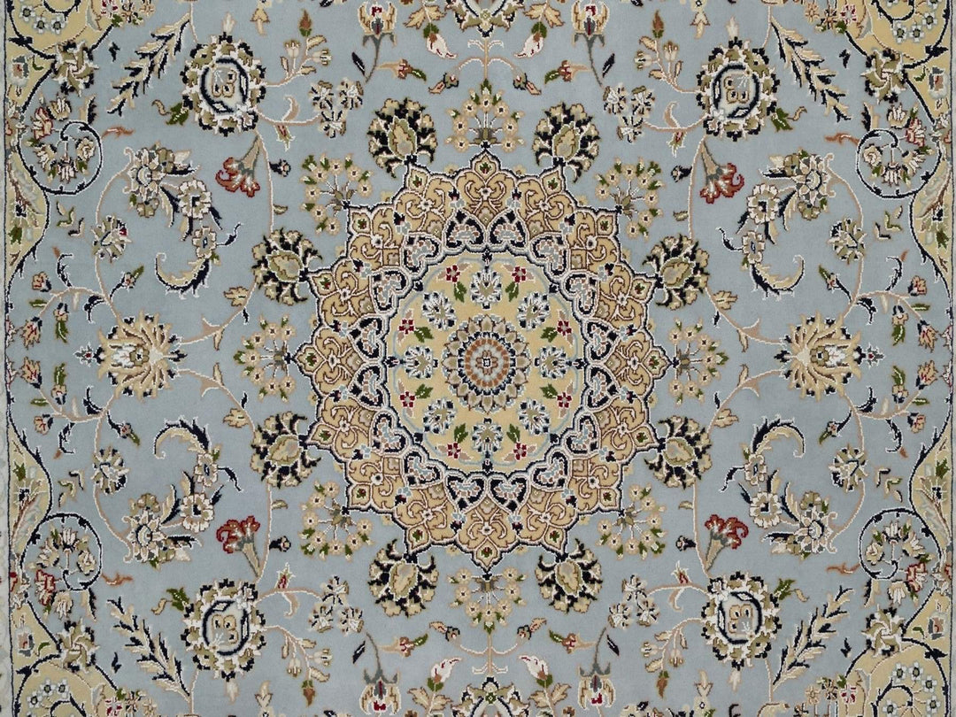 6'4" x 6'9" New Hand Knotted Blue Wool & Silk Square Oriental Rug - MOA10292117