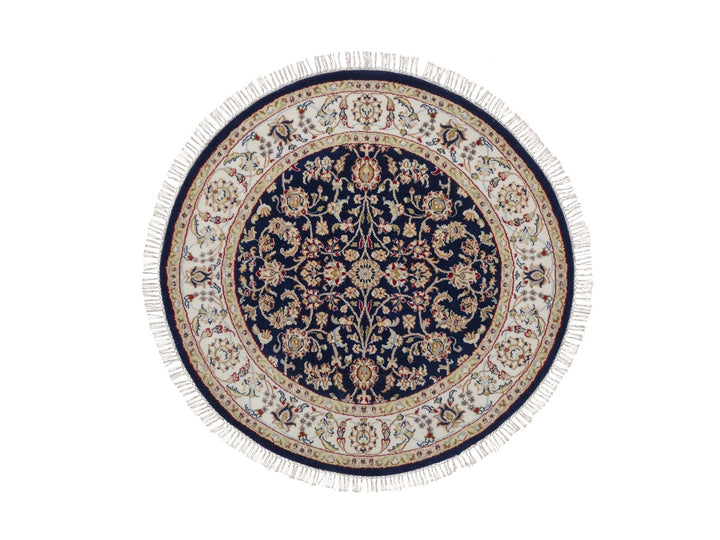 3'11" x 3'11" New Hand Knotted Blue Wool & Silk Round Oriental Rug - MOA10292128