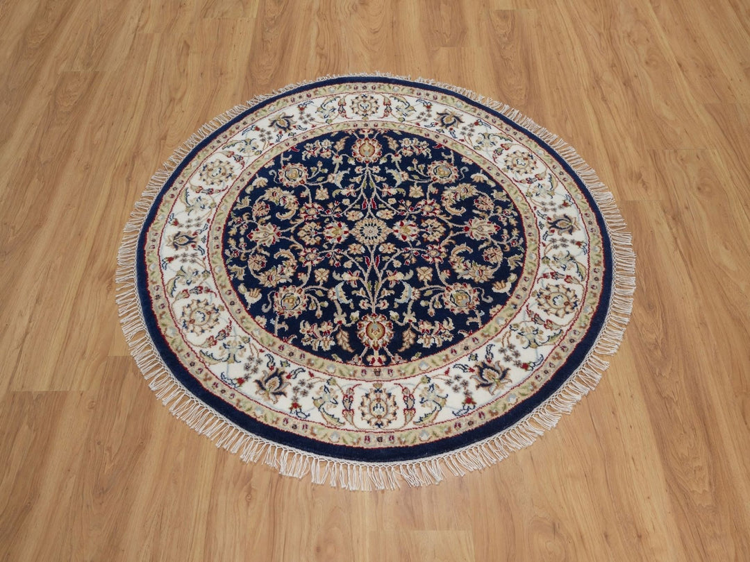 3'11" x 3'11" New Hand Knotted Blue Wool & Silk Round Oriental Rug - MOA10292128