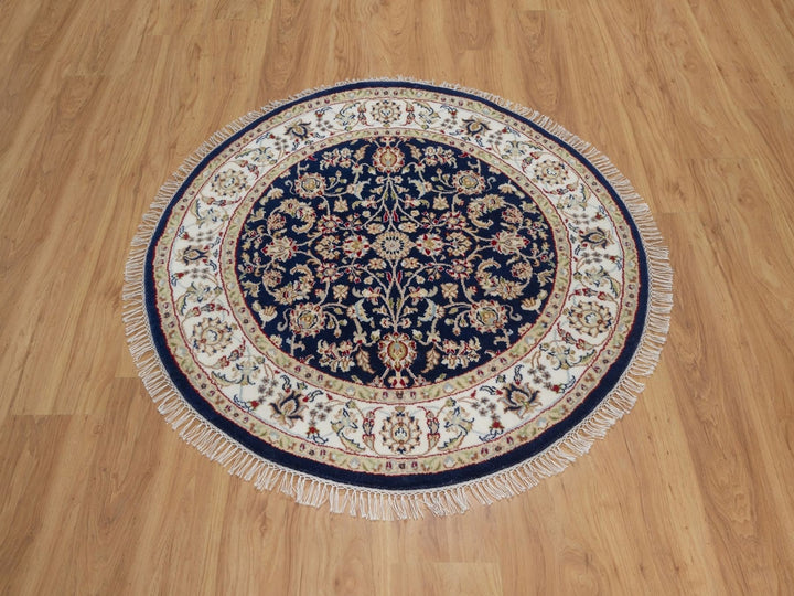 3'11" x 3'11" New Hand Knotted Blue Wool & Silk Round Oriental Rug - MOA10292128