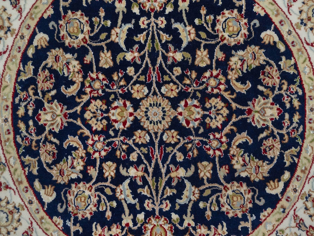 3'11" x 3'11" New Hand Knotted Blue Wool & Silk Round Oriental Rug - MOA10292128