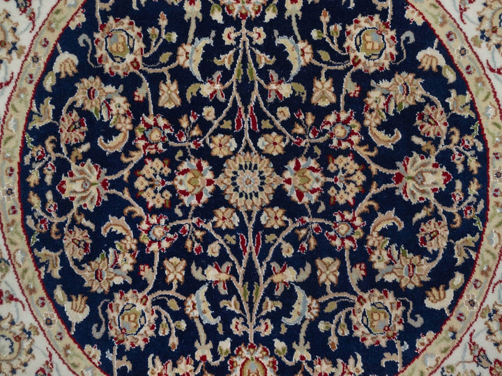3'11" x 3'11" New Hand Knotted Blue Wool & Silk Round Oriental Rug - MOA10292128