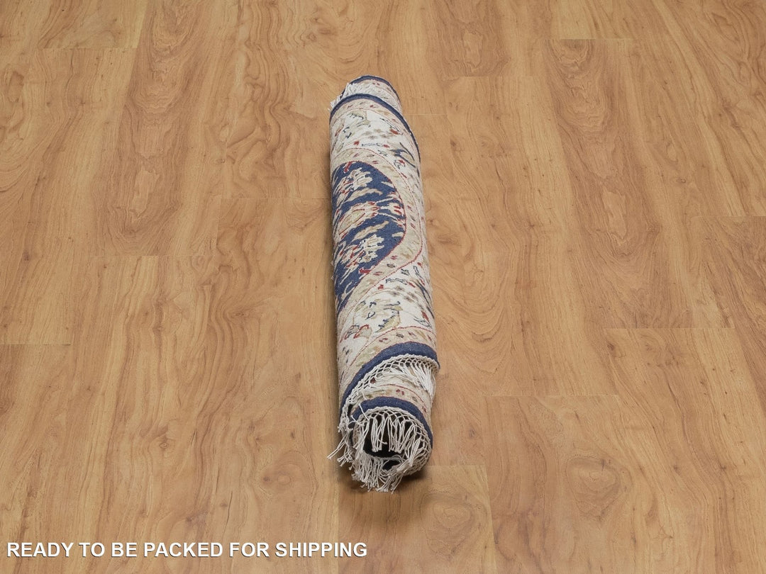 3'11" x 3'11" New Hand Knotted Blue Wool & Silk Round Oriental Rug - MOA10292128