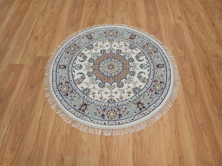 3'2" x 3'2" New Hand Knotted Ivory Wool & Silk Round Oriental Rug - MOA10292130