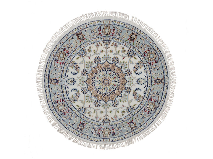 3'3" x 3'3" New Hand Knotted Ivory Wool & Silk Round Oriental Rug - MOA10292131