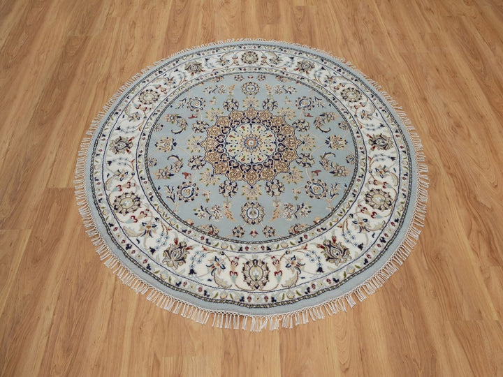5'0" x 5'1" New Hand Knotted Blue Wool & Silk Round Oriental Rug - MOA10292134