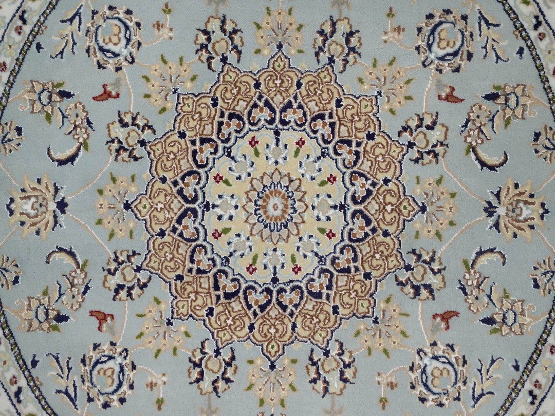 5'0" x 5'1" New Hand Knotted Blue Wool & Silk Round Oriental Rug - MOA10292134