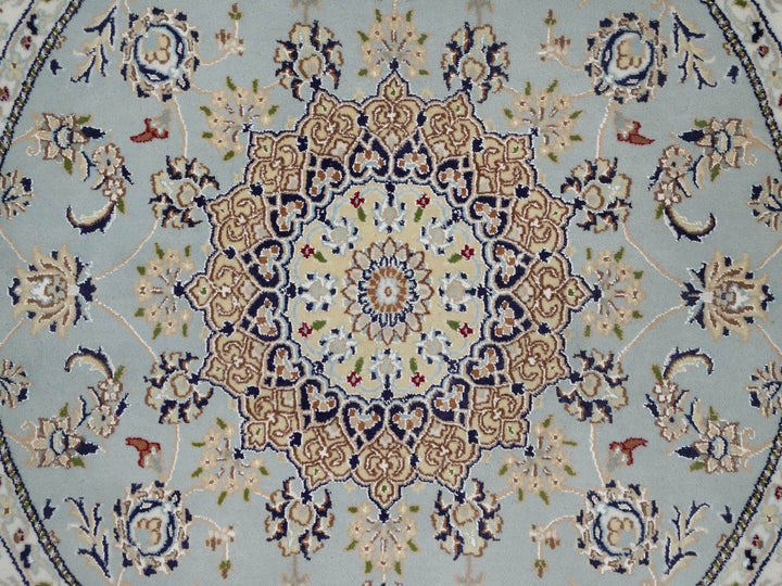 5'0" x 5'1" New Hand Knotted Blue Wool & Silk Round Oriental Rug - MOA10292134