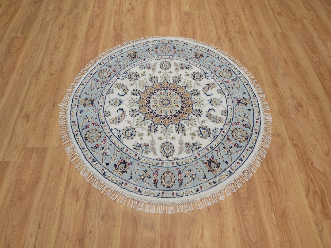 4'2" x 4'2" New Hand Knotted Ivory Wool & Silk Round Oriental Rug - MOA10292135