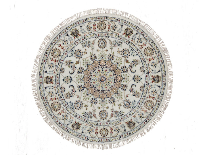 4'1" x 4'1" New Hand Knotted Ivory Wool & Silk Round Oriental Rug - MOA10292137