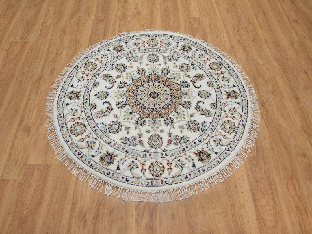 4'1" x 4'1" New Hand Knotted Ivory Wool & Silk Round Oriental Rug - MOA10292137