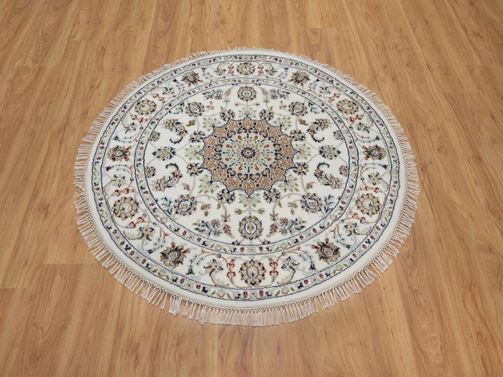 4'1" x 4'1" New Hand Knotted Ivory Wool & Silk Round Oriental Rug - MOA10292137