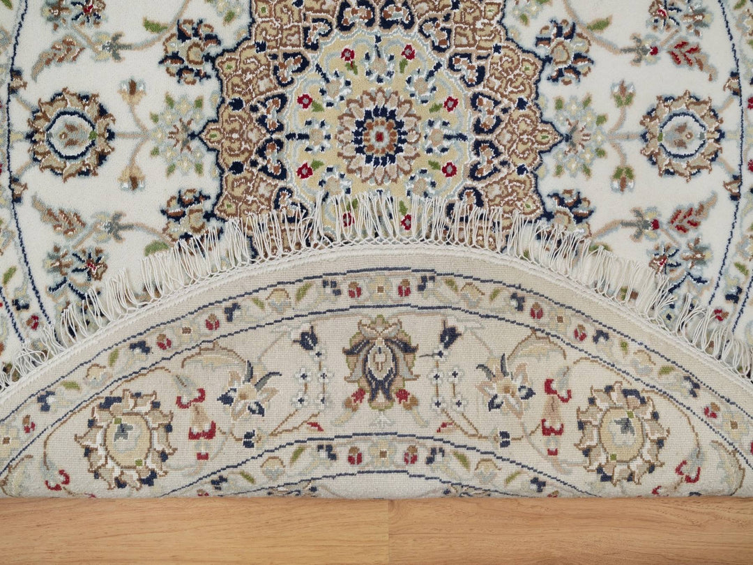 4'1" x 4'1" New Hand Knotted Ivory Wool & Silk Round Oriental Rug - MOA10292137