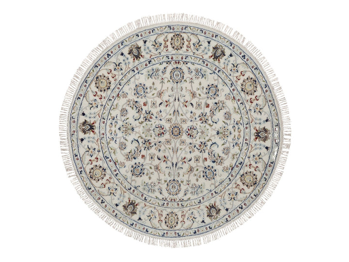 3'11" x 3'11" New Hand Knotted Ivory Wool & Silk Round Oriental Rug - MOA10292138