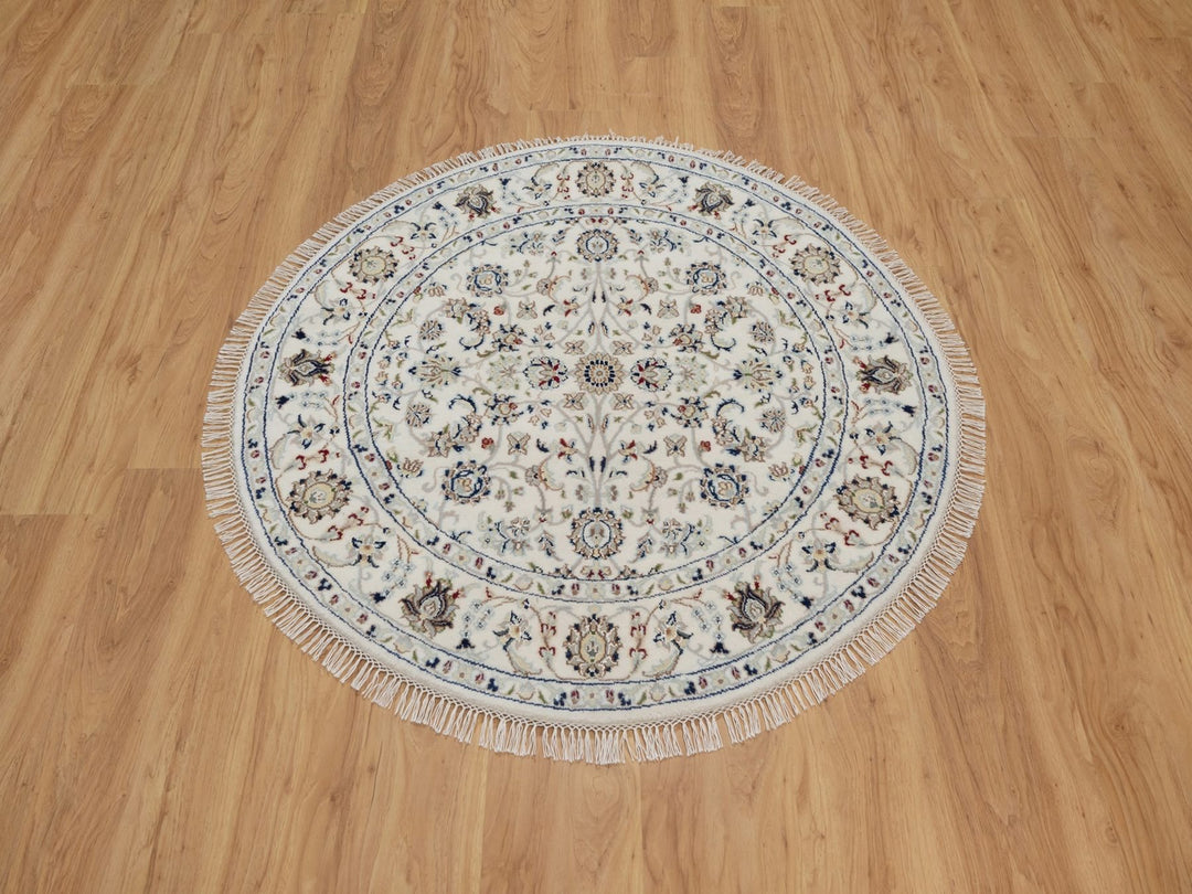 3'11" x 3'11" New Hand Knotted Ivory Wool & Silk Round Oriental Rug - MOA10292138