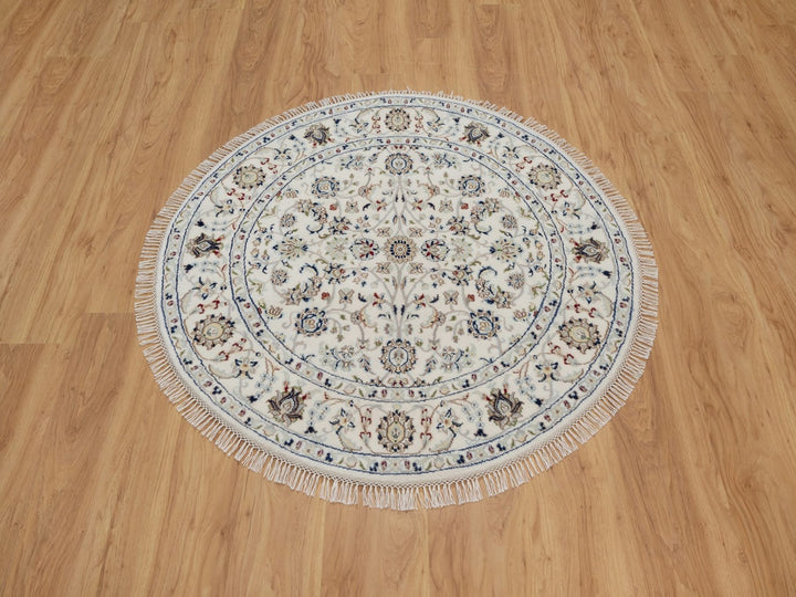 3'11" x 3'11" New Hand Knotted Ivory Wool & Silk Round Oriental Rug - MOA10292138