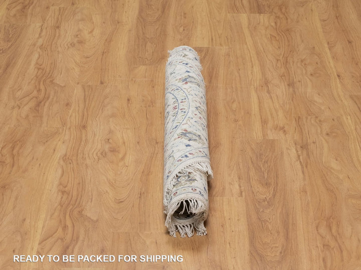 3'11" x 3'11" New Hand Knotted Ivory Wool & Silk Round Oriental Rug - MOA10292138