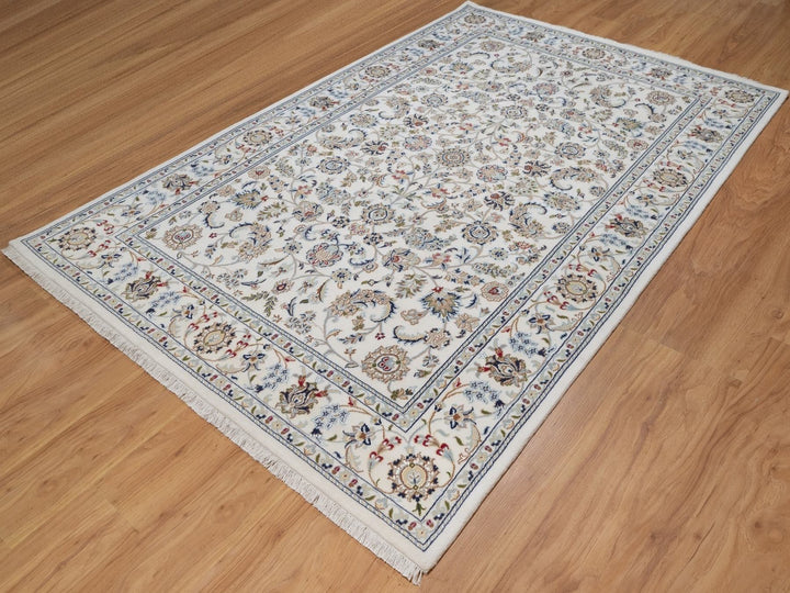 6'0" x 9'3" New Hand Knotted Ivory Wool & Silk Rectangle Oriental Rug - MOA10292139