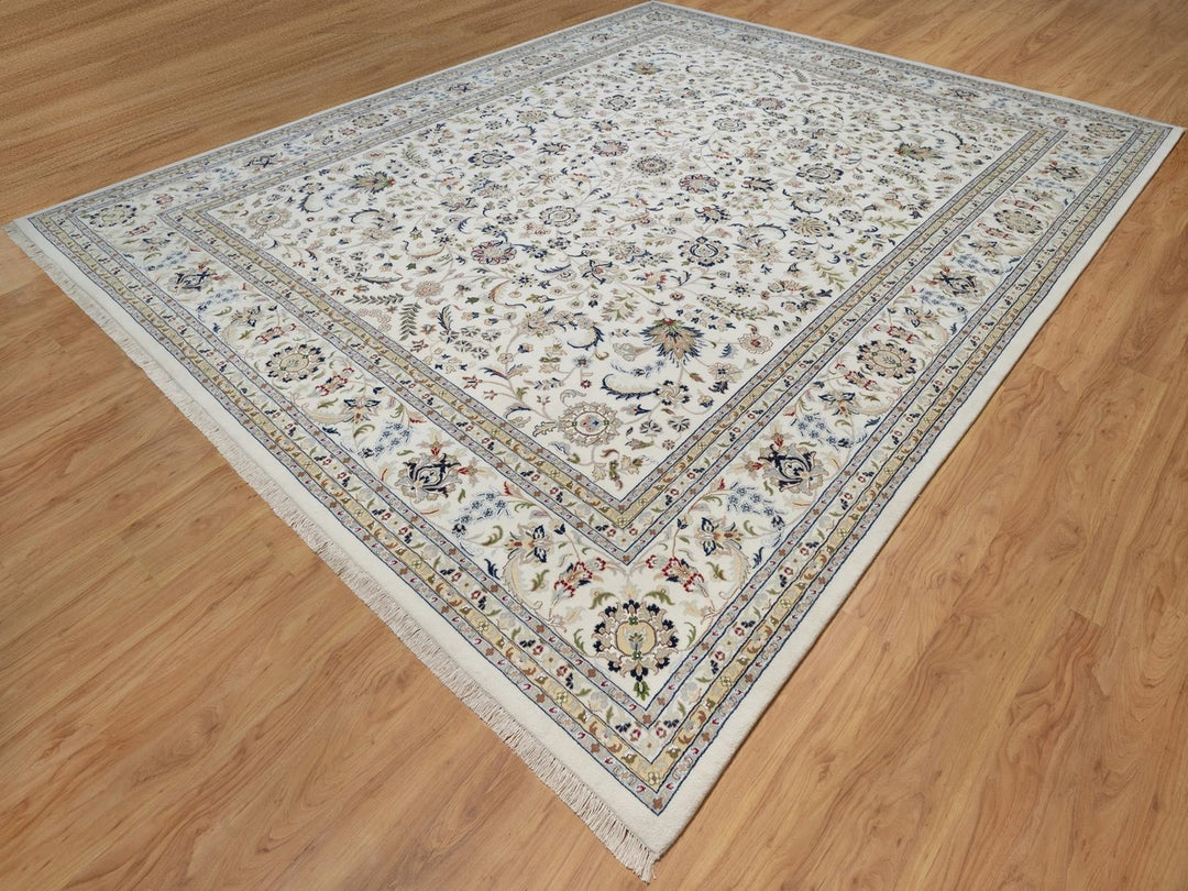 12'3" x 15'1" New Hand Knotted Ivory Wool & Silk Rectangle Oriental Rug - MOA10292142