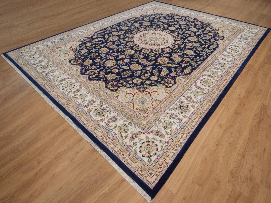 11'7" x 15'7" New Hand Knotted Blue Wool & Silk Rectangle Oriental Rug - MOA10292143