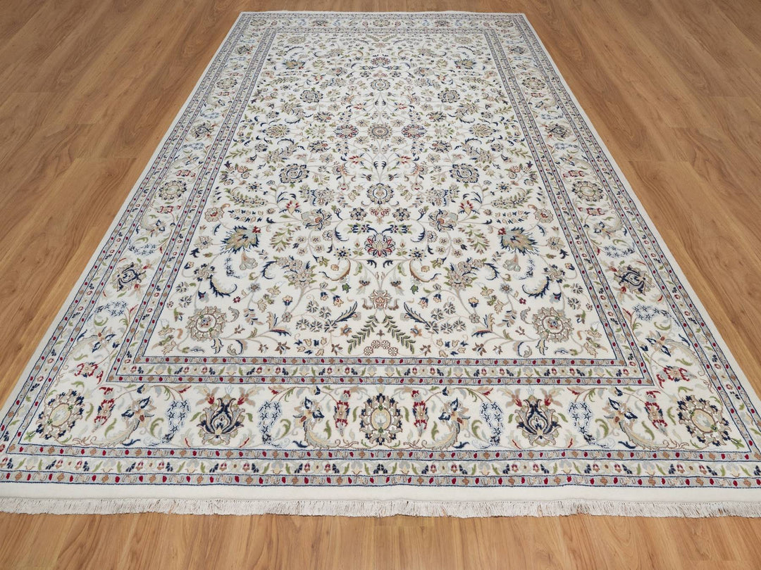 9'7" x 14'0" New Hand Knotted Ivory Wool & Silk Rectangle Oriental Rug - MOA10292144