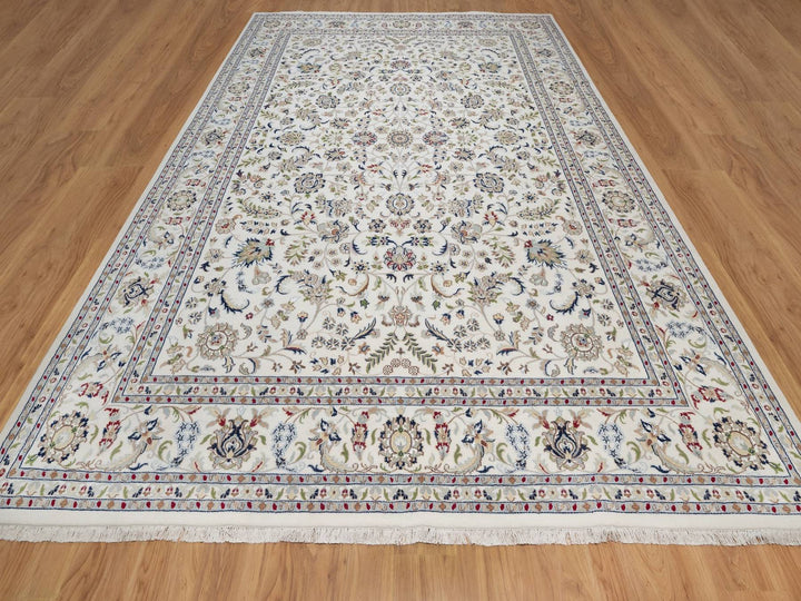 9'7" x 14'0" New Hand Knotted Ivory Wool & Silk Rectangle Oriental Rug - MOA10292144