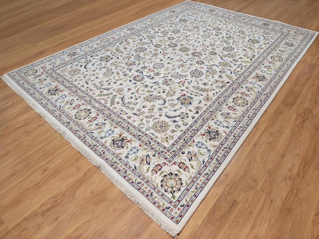 9'7" x 14'0" New Hand Knotted Ivory Wool & Silk Rectangle Oriental Rug - MOA10292144