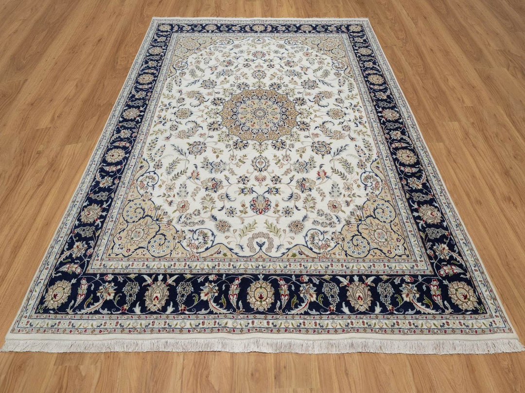 7'10" x 10'0" New Hand Knotted Ivory Wool & Silk Rectangle Oriental Rug - MOA10292145