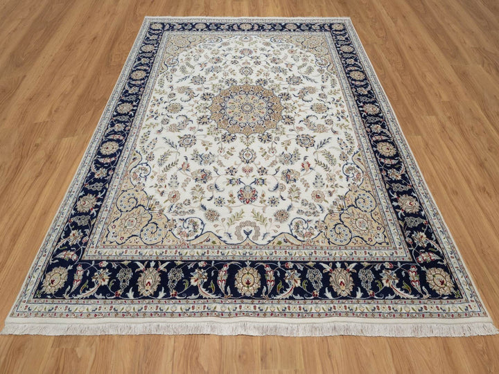 7'10" x 10'0" New Hand Knotted Ivory Wool & Silk Rectangle Oriental Rug - MOA10292145