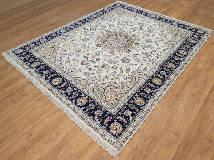 7'10" x 10'0" New Hand Knotted Ivory Wool & Silk Rectangle Oriental Rug - MOA10292145