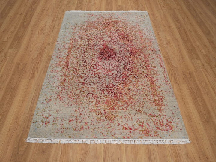 5'0" x 6'11" New Hand Knotted Pink Wool & Silk Rectangle Oriental Rug - MOA10292253