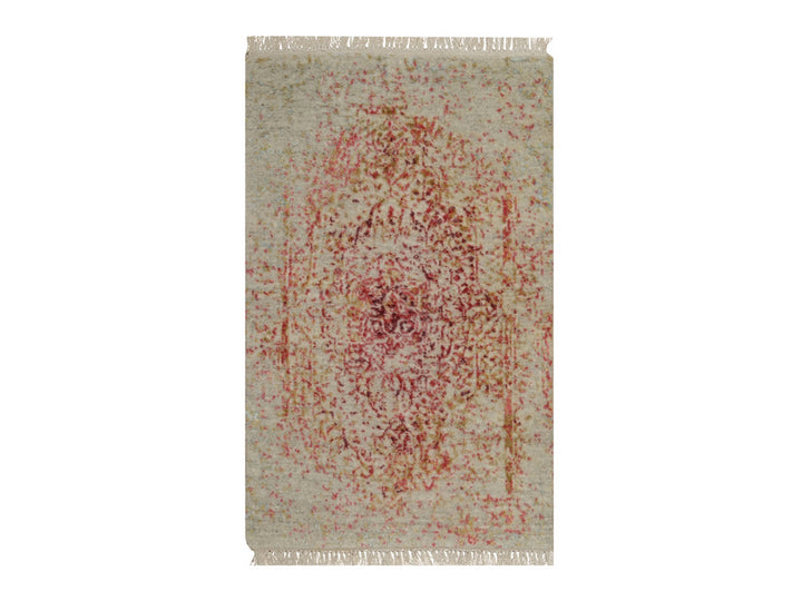 1'11" x 3'1" New Hand Knotted Pink Wool & Silk Rectangle Oriental Rug - MOA10292270