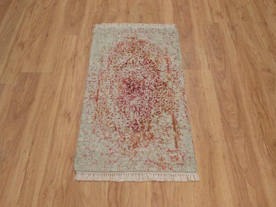 1'11" x 3'1" New Hand Knotted Pink Wool & Silk Rectangle Oriental Rug - MOA10292270