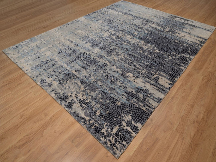 8'11" x 11'9" New Hand Knotted Grey Wool & Silk Rectangle Oriental Rug - MOA10292305