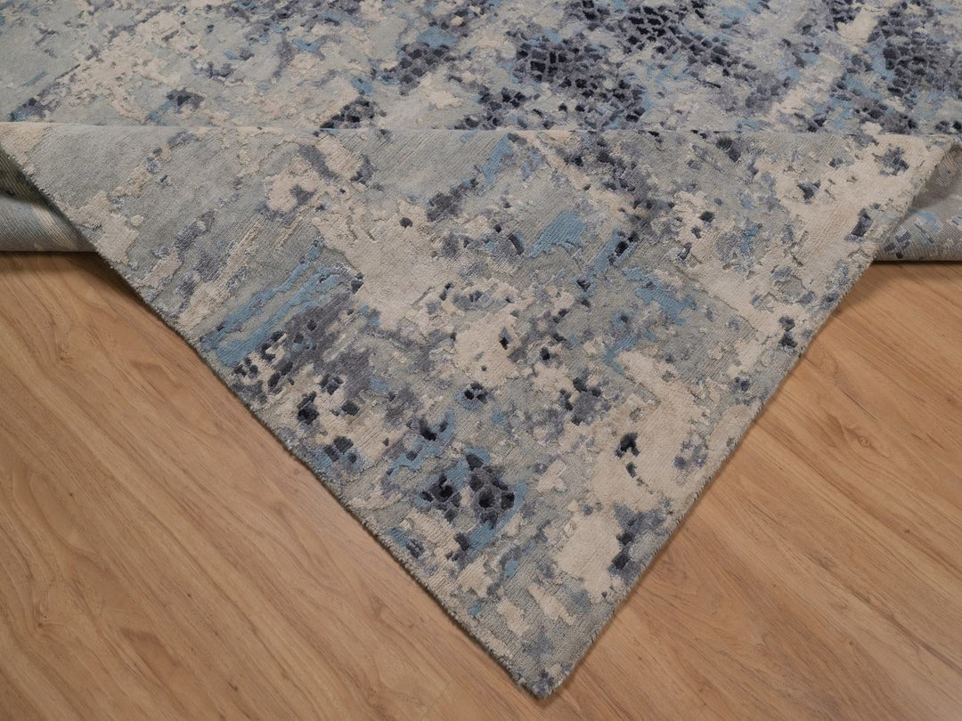 8'11" x 11'9" New Hand Knotted Grey Wool & Silk Rectangle Oriental Rug - MOA10292305