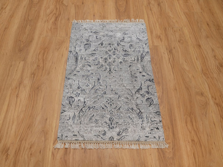 1'11" x 3'0" New Hand Knotted Grey Wool & Silk Rectangle Oriental Rug - MOA10292318