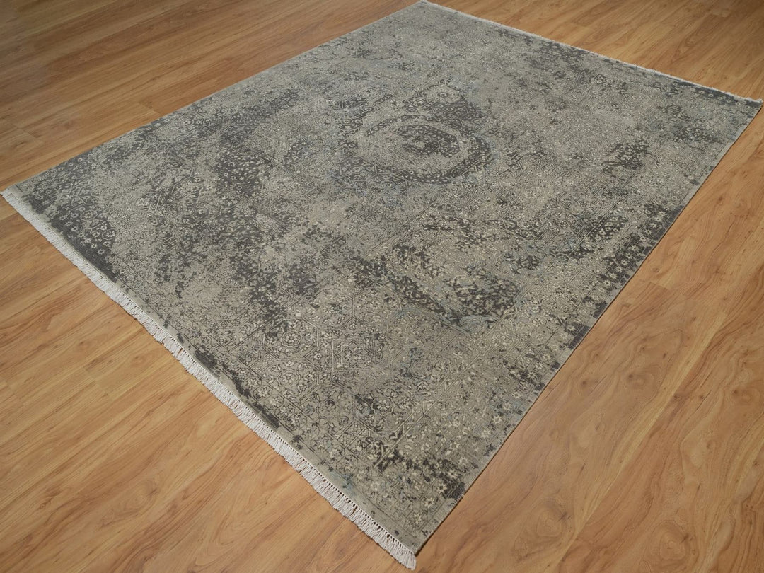 7'10" x 9'11" New Hand Knotted Grey Wool Rectangle Oriental Rug - MOA10292331