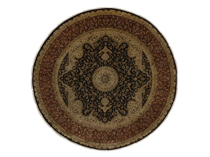 9'0" x 9'0" New Hand Knotted Black Wool & Silk Round Oriental Rug - MOA10292339