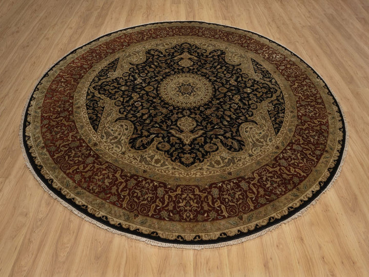 9'0" x 9'0" New Hand Knotted Black Wool & Silk Round Oriental Rug - MOA10292339