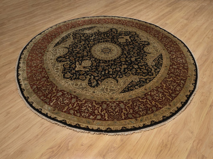 9'0" x 9'0" New Hand Knotted Black Wool & Silk Round Oriental Rug - MOA10292339
